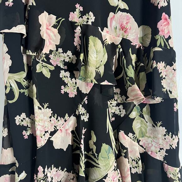 Chaps Woman’s Retro Black Pink Floral Ruffle High Low Midi Skirt- Size 10 - Picture 8 of 9